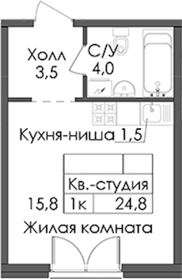 Квартира студия 24.8 м², 4/9 эт., ЖК «Лермонтовский 54»